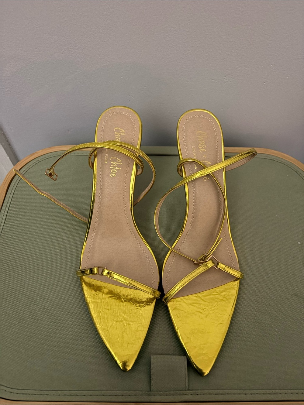 Chase + Chloe Metallic Gold Pointed Toe Strappy Heels